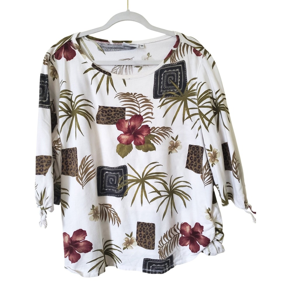 Hot Cotton Womens Tropical Floral‎ Print Tie Sleeve Top 1X Ruched Sides White